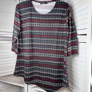 Creation Women's XXL Red Black Fair Isle Print 3/4 Sleeve‎ Stretch Top